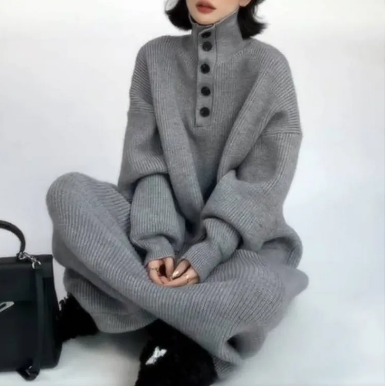 灰色慵懒风针织连衣裙女韩系大码高个子长款过膝毛衣裙