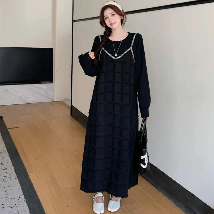 2025秋冬上新/吊带假两件A摆裙格子提花显瘦长袖连衣裙