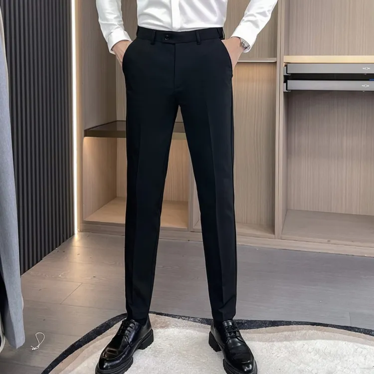 秋季男士西裤商务百搭修身锥形休闲裤纯色英伦松紧腰男