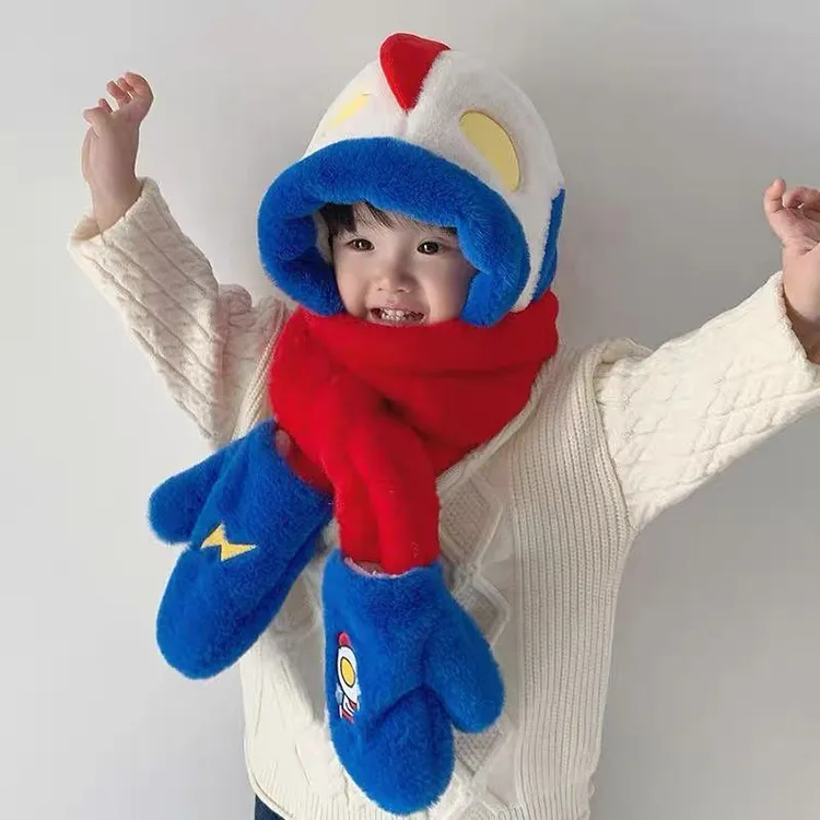 奥特曼儿童帽子围巾手套一体三件套冬季保暖男女宝宝加绒加厚防风