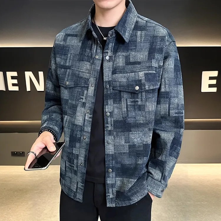 荷波撒纳温复古格纹牛仔外套男春秋季潮休闲衬衫翻领夹克男上衣服