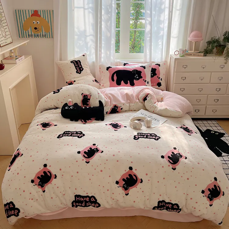 冬季可爱卡通加绒双面绒加厚牛奶绒保暖四件套学生宿舍单人三件套