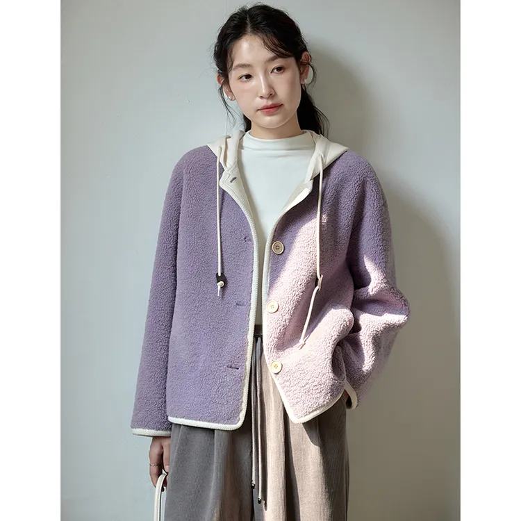 原水深秋初冬仿羊羔毛厚短外套舒芙蕾轻法风穿搭连帽上衣C47023