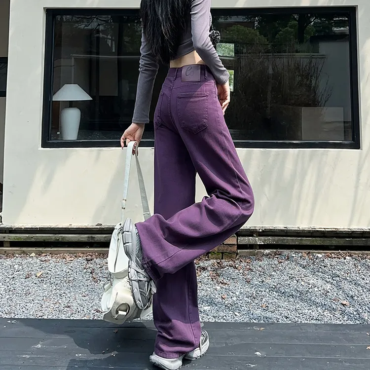 秋季美拉德牛仔裤女2025新款葡萄紫色欧洲站窄版直筒阔腿彩色裤子