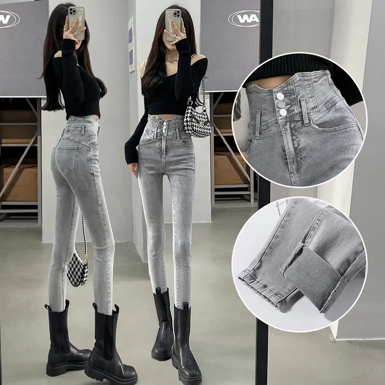 蜜蜜穿搭复古超高腰牛仔裤女秋季灰色小脚三排扣收腹紧身靴裤裤子