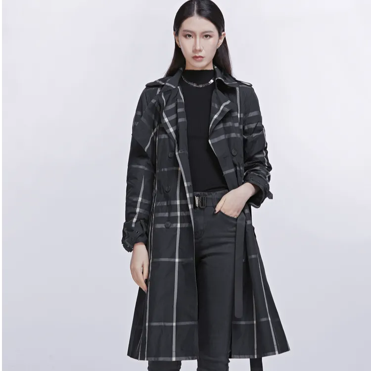 S·DEER圣迪奥时尚女装格纹格纹翻领中长款风衣带腰带S20181801