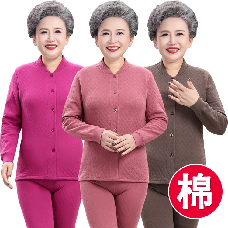 老年人保暖内衣女三层夹棉中老年妈妈奶奶秋衣秋裤纯棉加大码套装