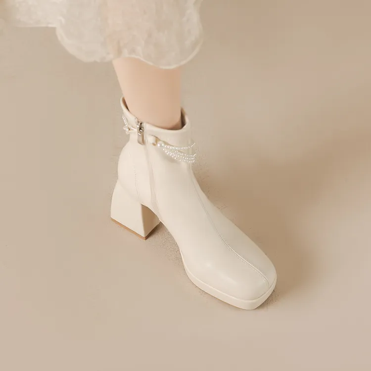 粗跟方头马丁靴2025新款秋冬季米白色防水台短靴女