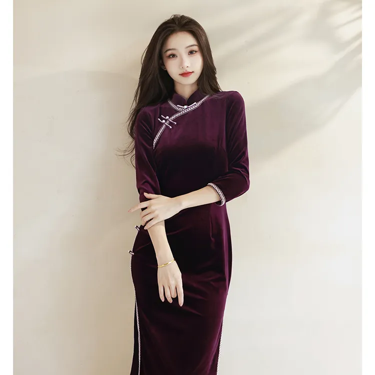 羽姚C93 老上海旗袍女中式紫色丝绒简单大气优雅改良日常走秀演出