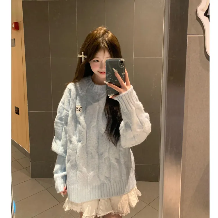 毛衣女秋冬加厚内搭可爱软糯圆领奶蓝色慵懒风针织衫复古日系上衣