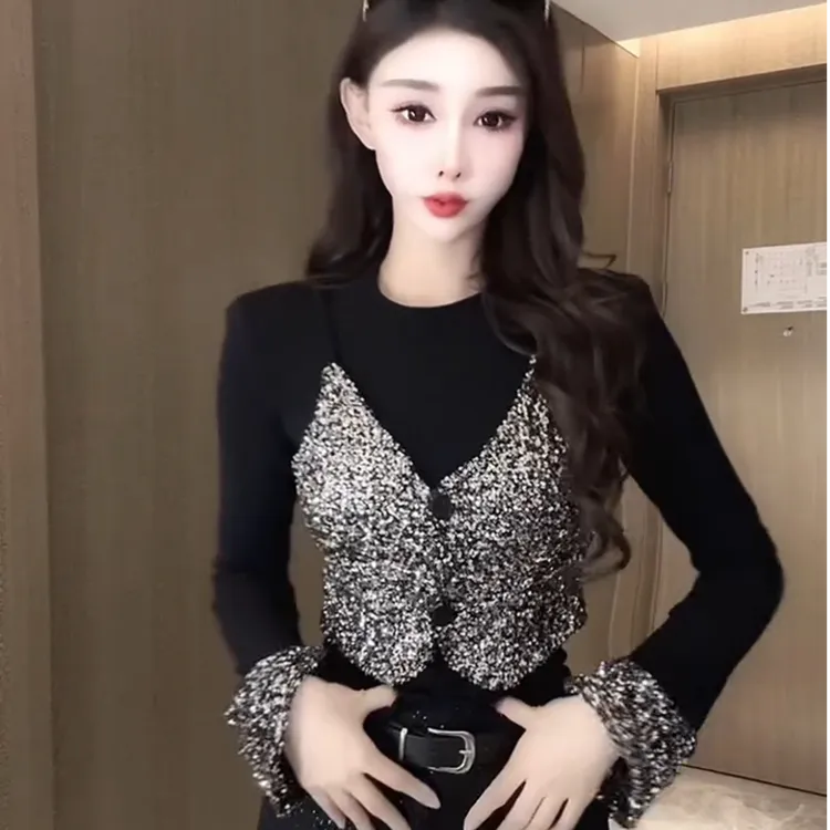 冬季新款时尚假两件拼接打底衫重工亮片显瘦修身上衣网红洋气