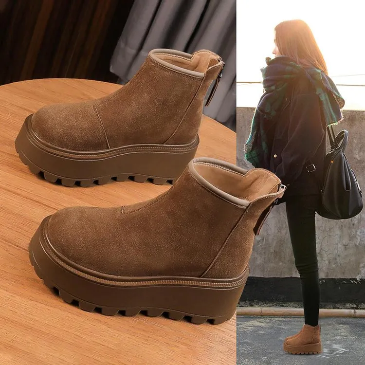 万达撤柜牛皮2025秋冬增高雪地靴加绒加厚保暖棉鞋厚底马丁靴女款