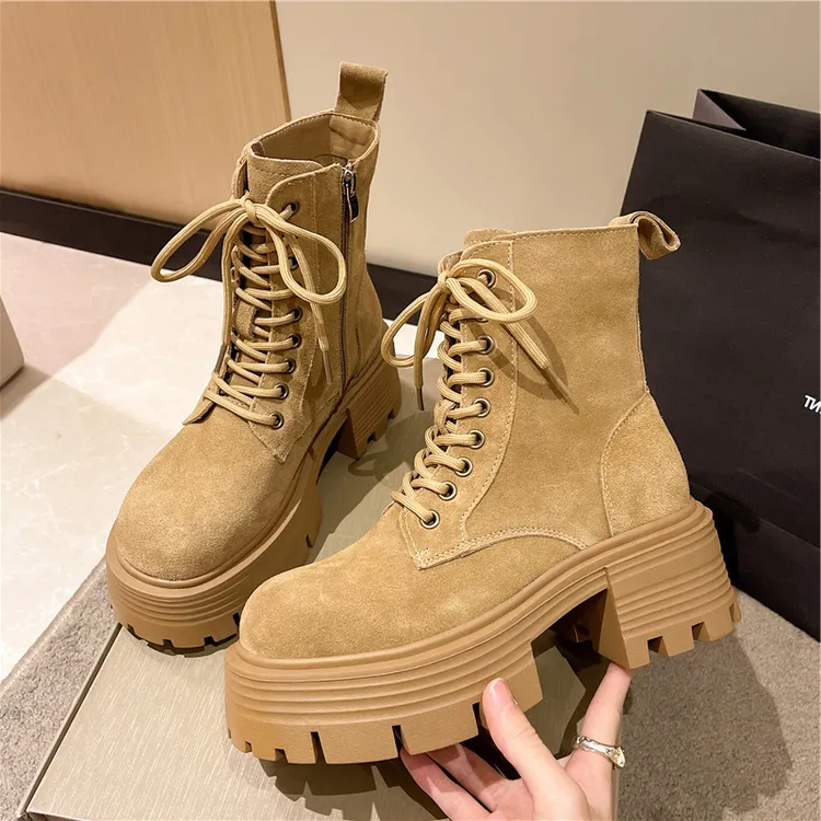 万达撤柜牛皮增高马丁靴女款英伦风大黄靴2025秋冬新款系带短靴子