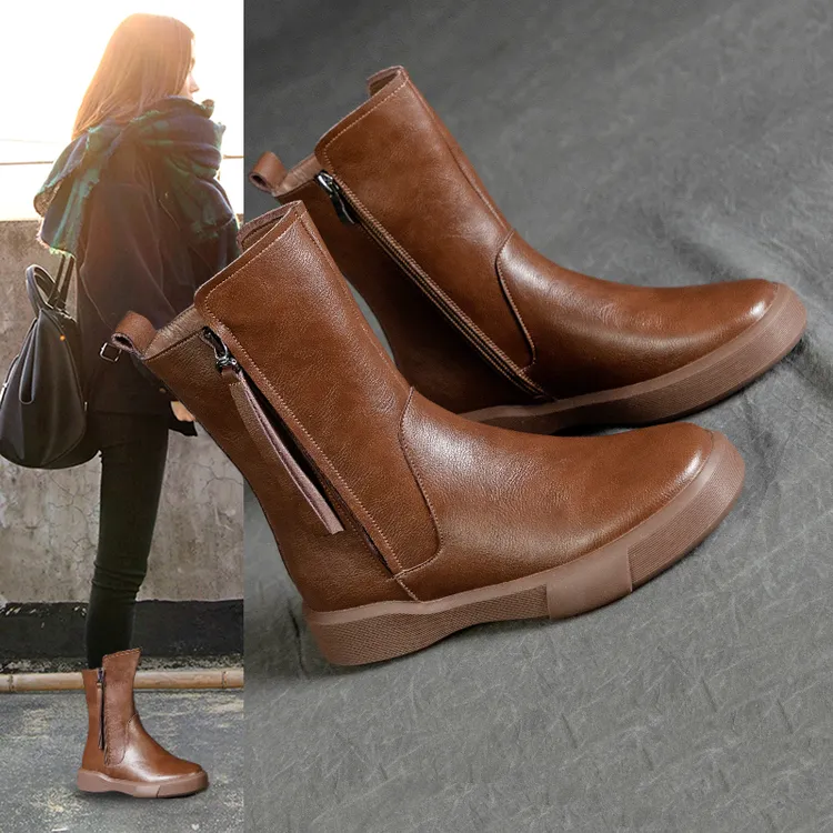 万达撤柜头层牛皮马丁靴女款2025秋冬加绒新款大码靴子中筒骑士靴