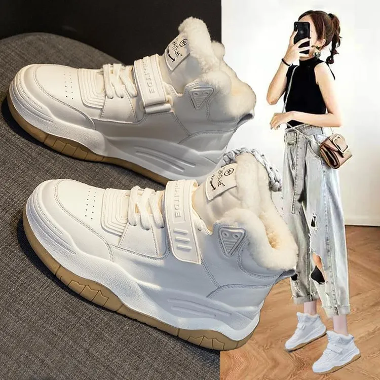 万达撤柜头层牛皮高帮大棉鞋女2025年秋冬加绒运动老爹小白鞋棉鞋