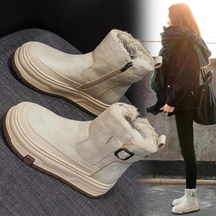 万达撤柜头层牛皮雪地靴女冬季加绒2025厚底马丁短靴保暖东北棉鞋