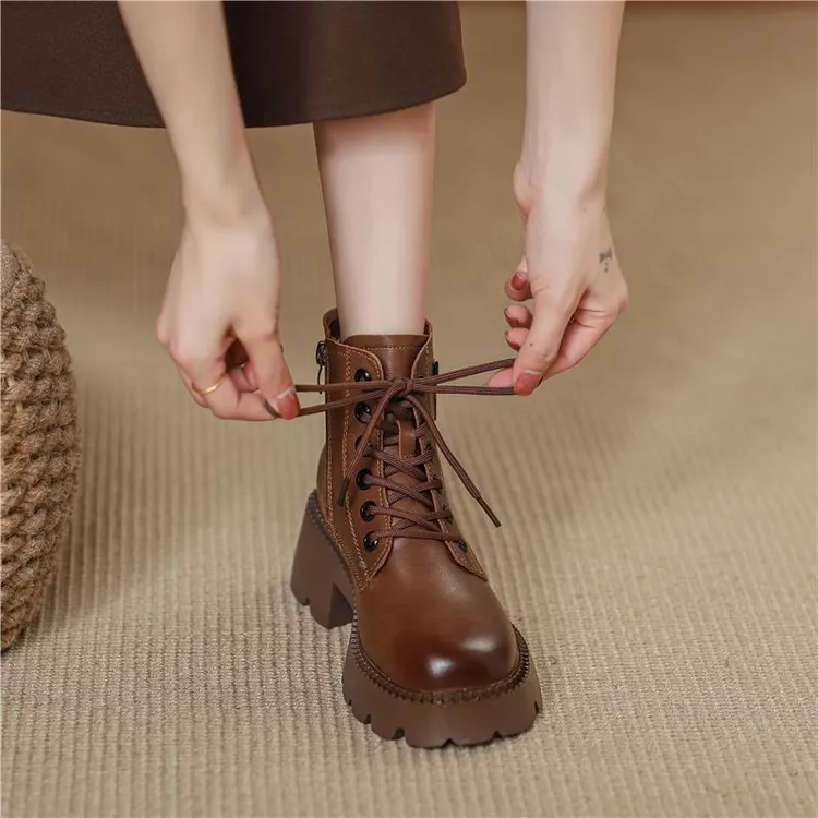 万达撤柜头层牛皮厚底皮鞋英伦风马丁靴女款2025新款秋冬加绒短靴