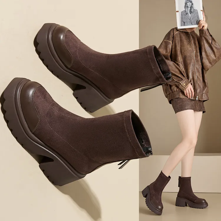 万达撤柜牛皮马丁靴女款高跟靴2025秋冬新款小个子短靴弹力瘦瘦靴