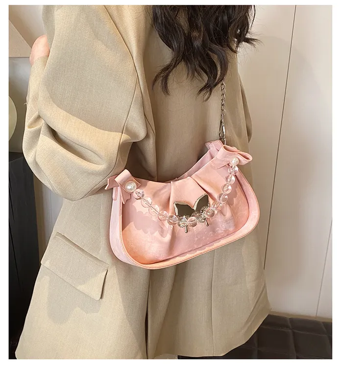 时尚百搭夏季小众小包包腋下包单肩网红褶皱ins甜美洋气蝴蝶珠子