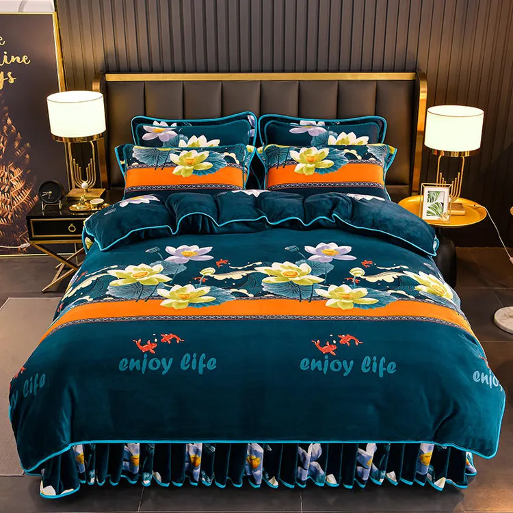 新款加厚牛奶绒四件套床裙款加绒被套双面绒保暖冬季床上用品被罩