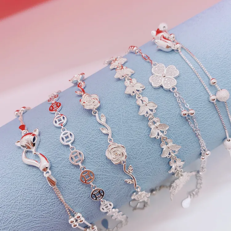 足银手链 玫瑰花足银手链足银990花钱币手链铃兰花蝴蝶灵狐手链