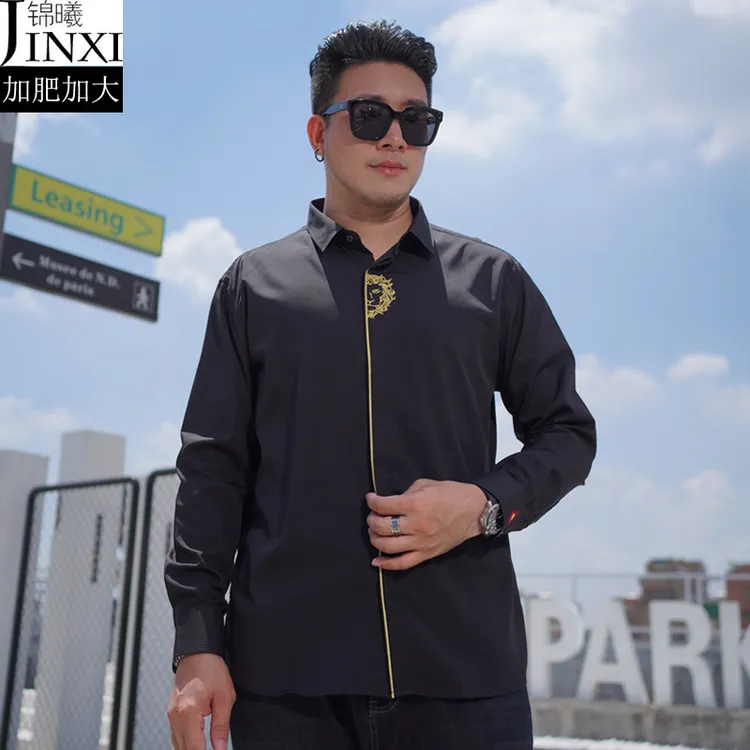 秋装胖子大码刺绣衬衫男士休闲国风中式宽松加肥加大长袖商务衬衣
