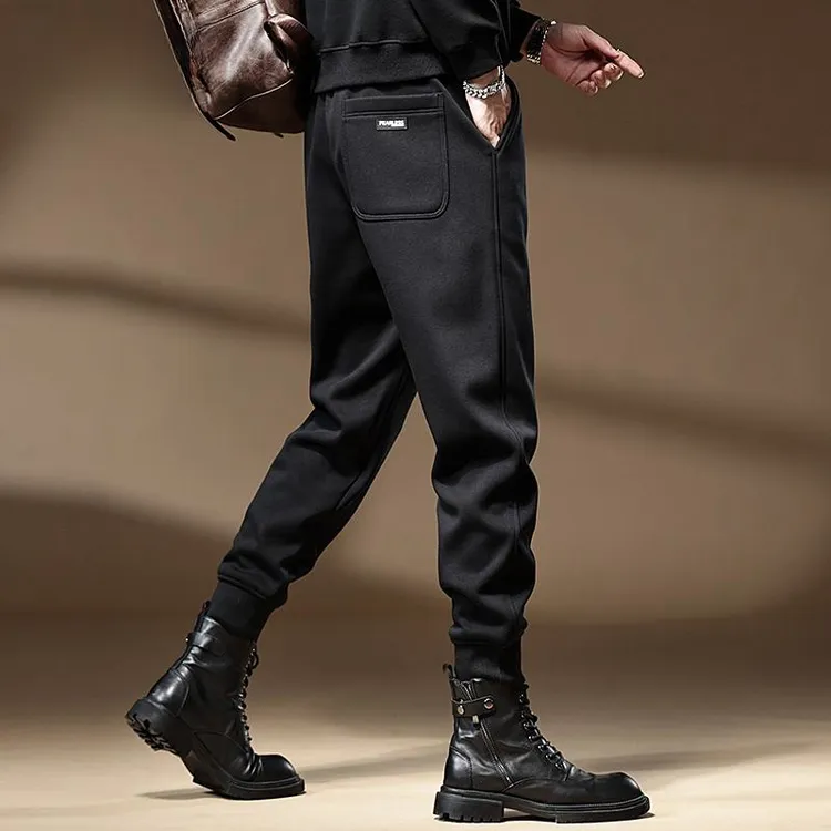 黑色重磅卫裤男加绒加厚冬季潮牌宽松运动束脚裤男松紧腰休闲裤男