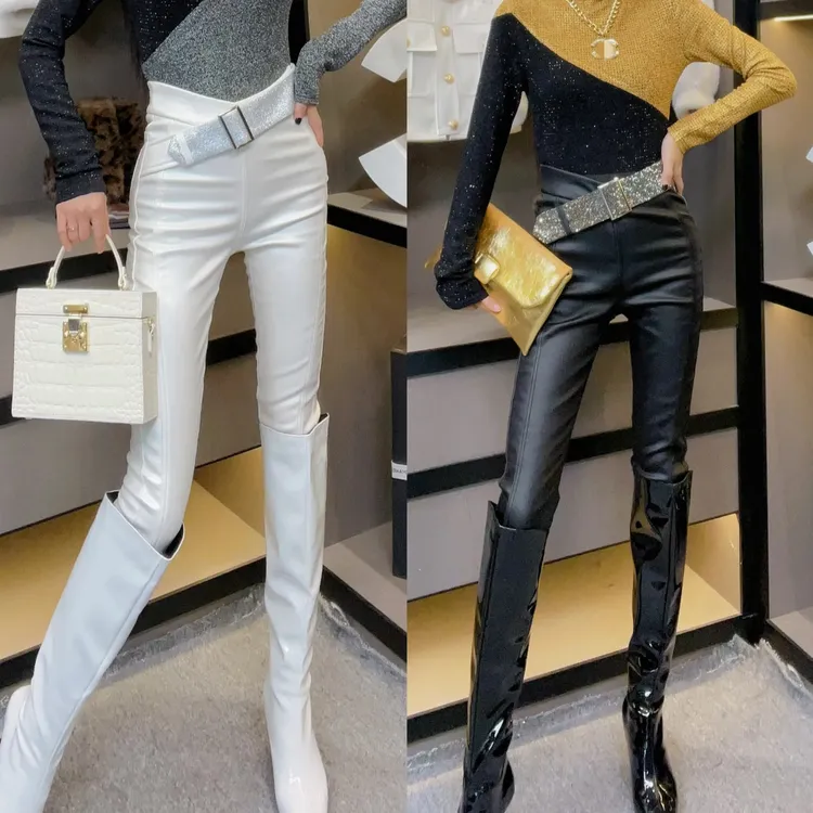 欧洲站高腰烫钻皮带腰封立体剪裁涂层高弹力小脚裤时尚潮