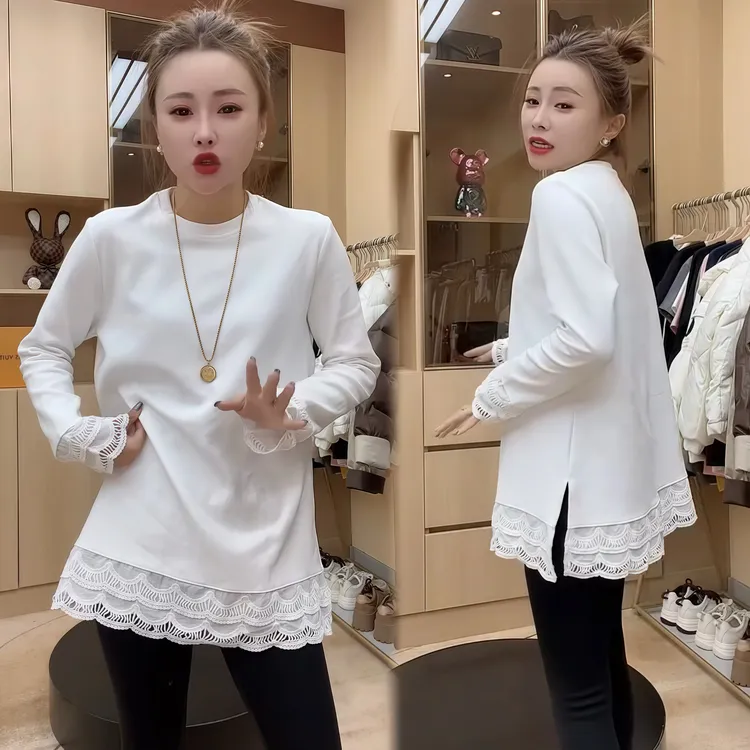 蕾丝拼接长袖T恤打底衫女春秋冬季屁帘内搭叠穿流行潮流上衣