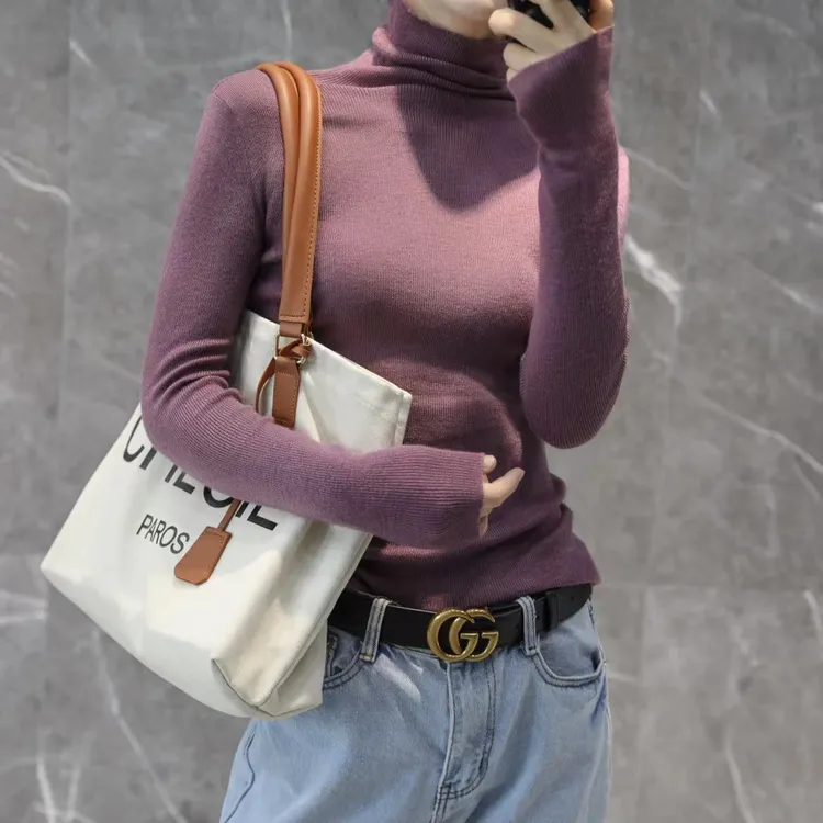 高端精仿羊毛堆堆领毛衫女修身高领套头气质针织打底衫秋冬新款