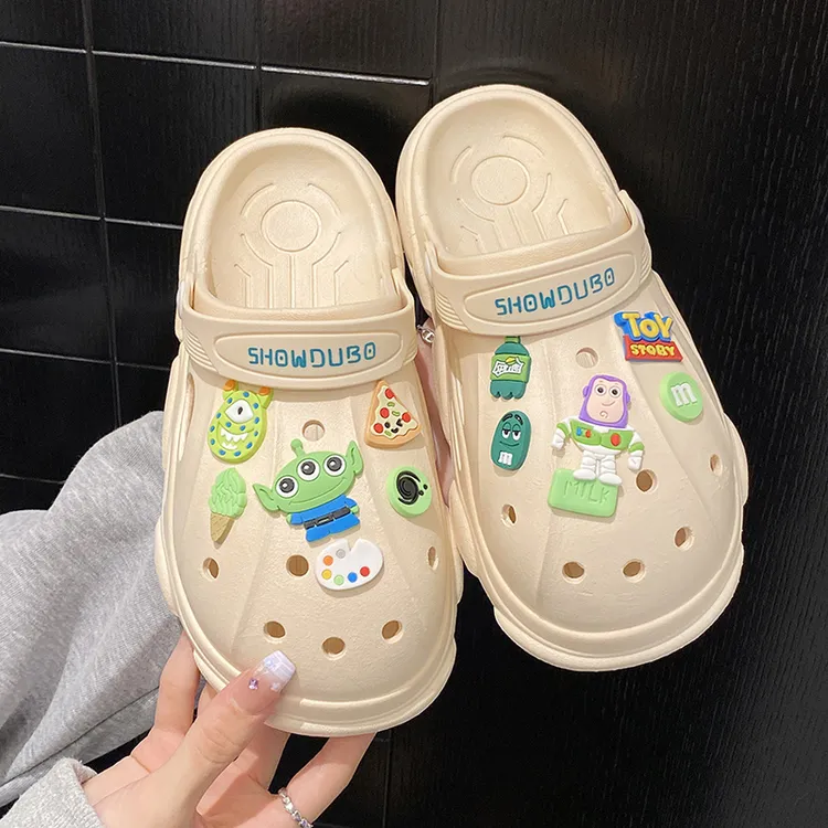 踩屎感洞洞鞋女夏卡通动漫外穿厚底两穿防滑耐磨包头半拖鞋沙滩鞋