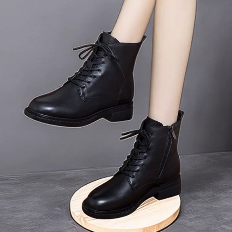 真皮平底系带短靴女低跟洋气短筒女靴英伦风时尚百搭大码马丁靴女