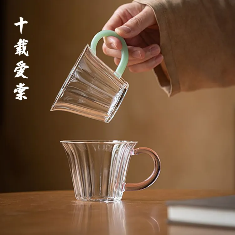 十载爱棠彩色把手花瓣玻璃茶杯主人杯家用高硼硅个人茶杯品茗杯子