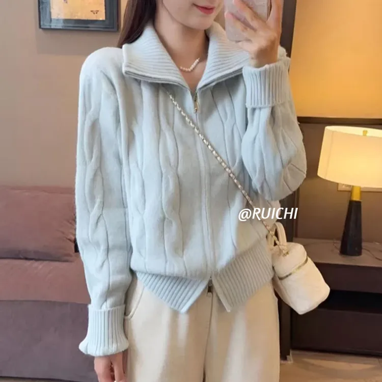 好慵懒~2025秋季新款奶fufu韩系宽松半高领双头拉链毛衣针织开衫