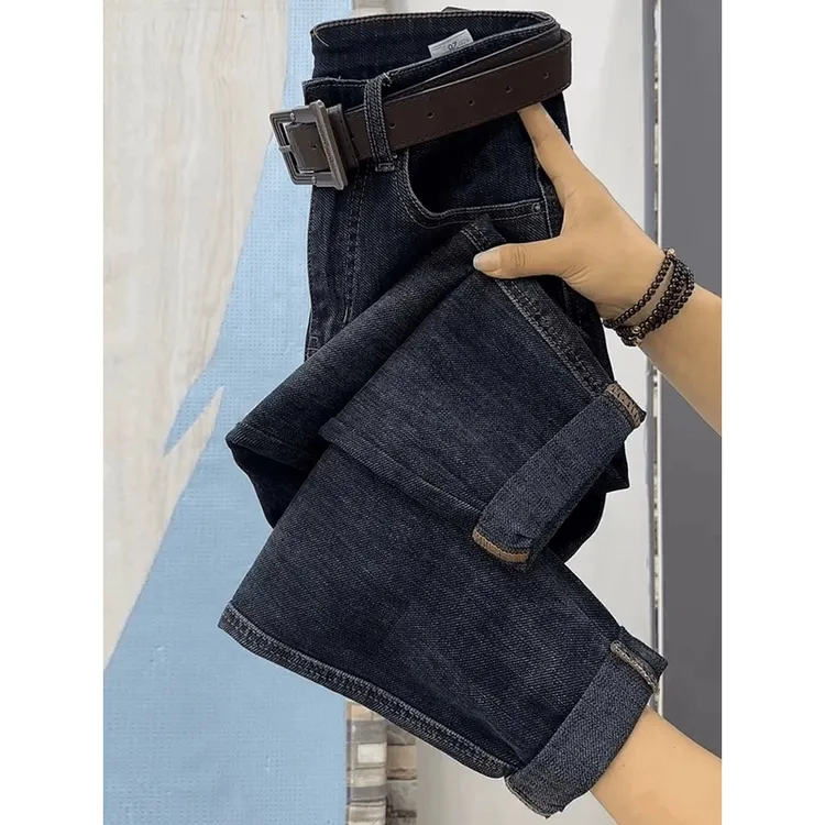 高腰卷边哈伦加绒牛仔裤子女秋冬宽松弹力显瘦梨形萝卜九分老爹裤