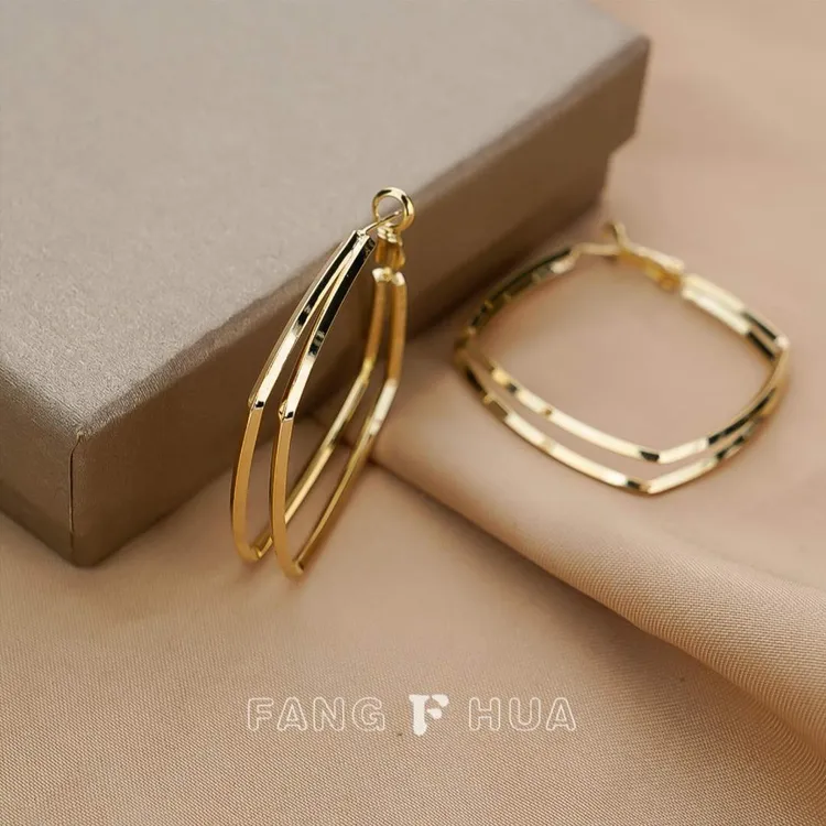 唯你饰图 铜合金耳饰 双层几何方形耳圈高级感大气