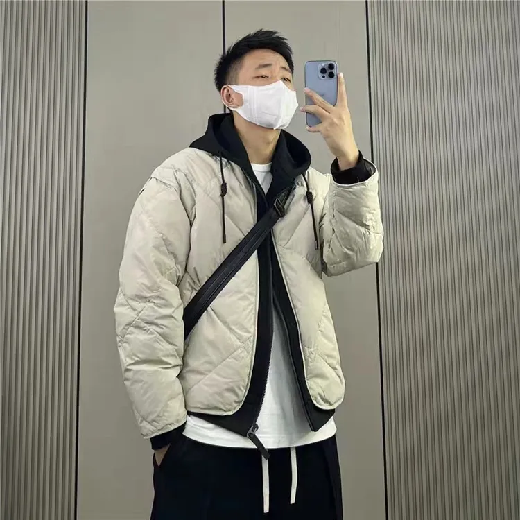 2025新款加厚连帽潮流假两件套时尚拼接外套短款棉衣外套男冬款