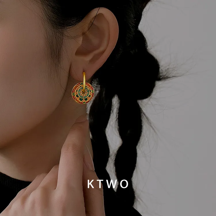 铜合金珐琅耳饰  国潮彩绘滴釉圆盘耳环女小众高级感新中式民族风
