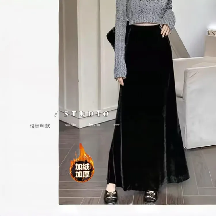 高级感金丝绒半身裙女秋冬法式松紧腰垂感黑色鱼尾长裙a字包臀裙