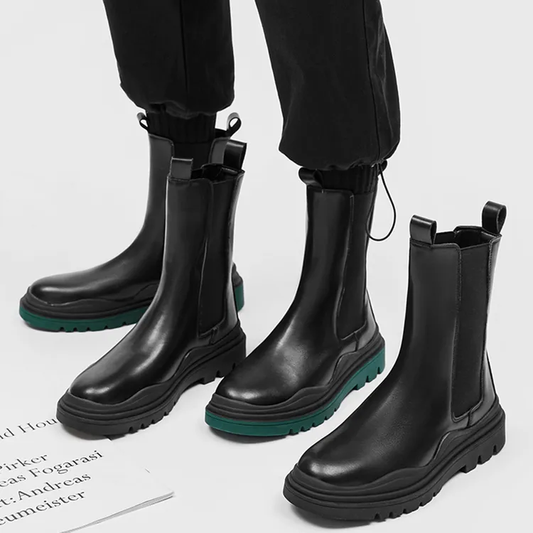 高筒切尔西靴男英伦风高级感烟筒长靴真皮黑色绿底高帮机车马丁靴