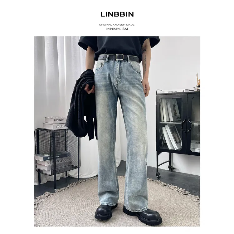 高级感气质高端高街男士微喇叭牛仔裤男款夏季直筒宽松百搭裤子