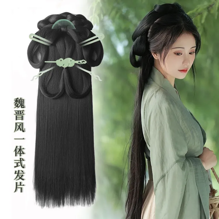 汉服假发古风一体式懒人款战国袍发髻魏晋风全发丝后压长批发