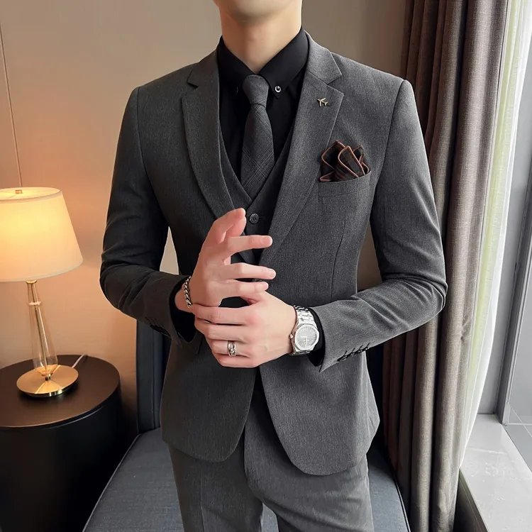 英伦痞帅西服套装男士三件套结婚礼服休闲正装帅气西装修身外套FJ