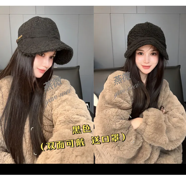 秋冬新款双面可戴加绒加厚保暖鸭舌帽宽檐显脸小时尚百搭女
