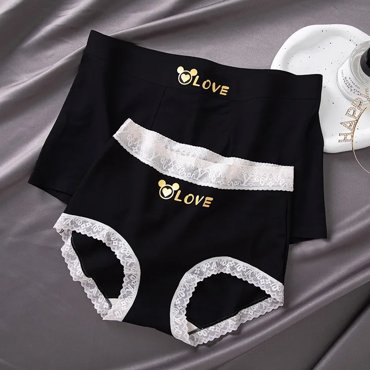 情侣内裤一男一女棉质黑色套装透气2条套装情人节礼物蕾丝