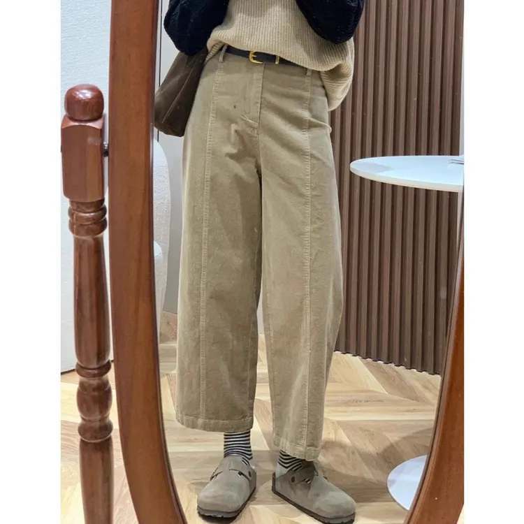 2025秋冬加绒复古灯芯绒休闲裤女大码胖mm小个子显瘦九分直筒裤子