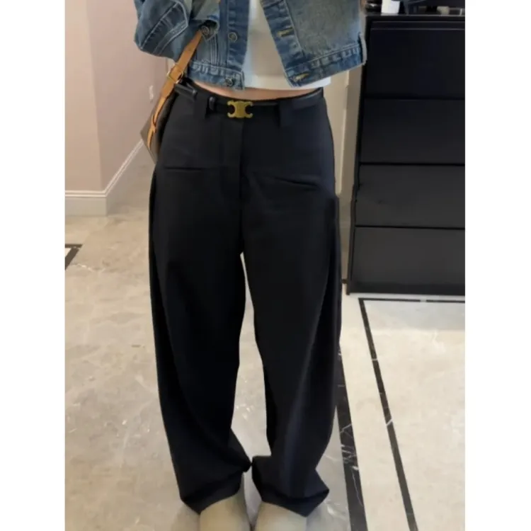 早秋复古气质宽松垂感西装裤女梨形身材高腰显瘦休闲裤小众黑色裤