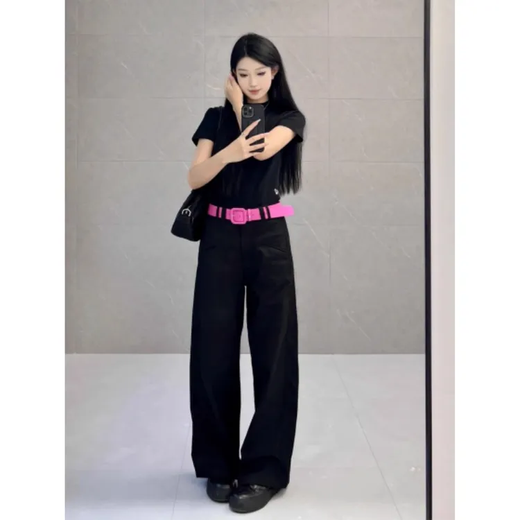 美式辣妹工装风黑色直筒西裤女春夏设计感显高阔腿裤西装裤正装裤