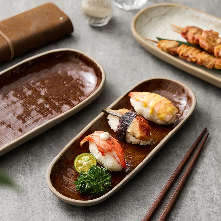 日式复古寿司盘子长条盘点心盘创意小吃盘西餐盘刺身盘长碟子陶瓷