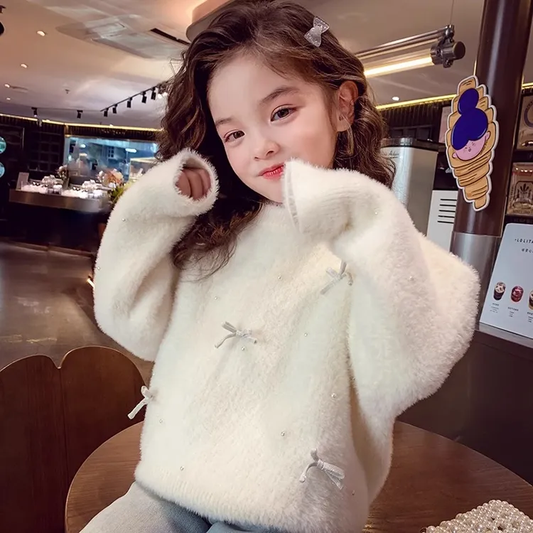 女童毛衣2025冬季新款中大童圆领水貂绒套头不起球红色加厚针织衫